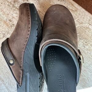 Sanita Brown Leather Slip-On Clogs